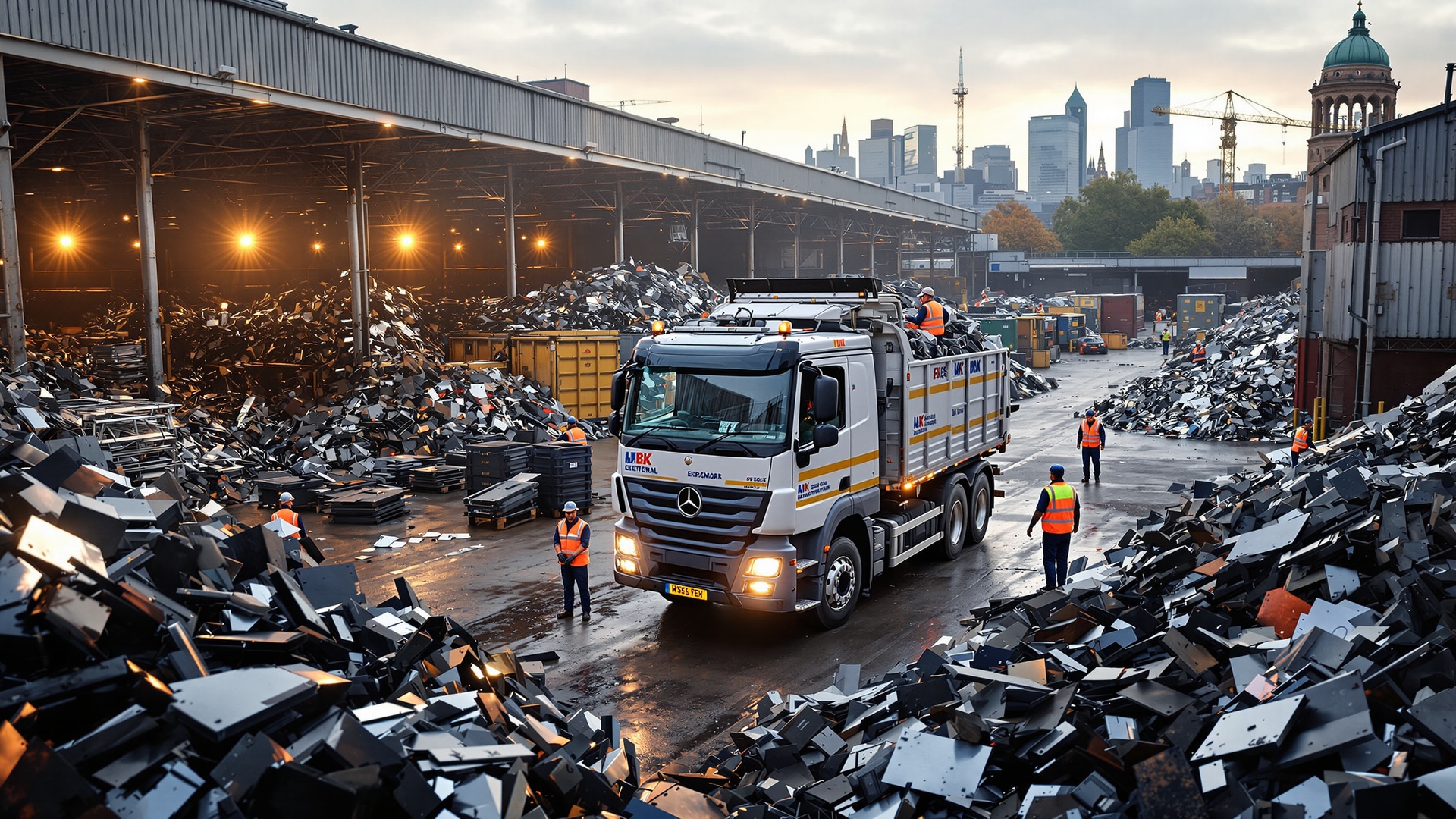Scrap metal collection facility with trucks and workers in Birmingham